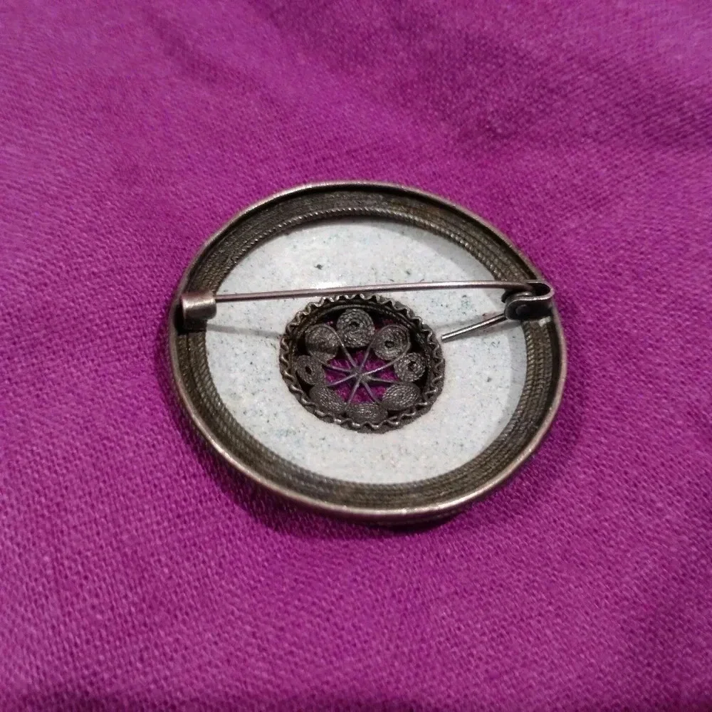 Antique Brooch Porcelain Green Botanical Garland Silver Metalwork